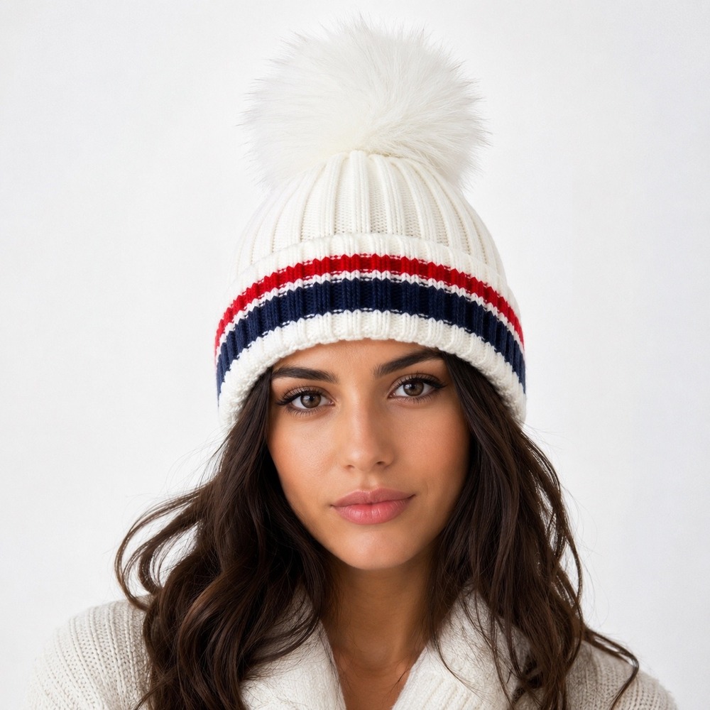 Forever 21 White Ribbed Knit Beanie Faux Fur Pom Pom Striped Cuff Winter Hat